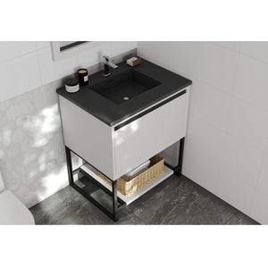 LAVIVA Alto 313SMR-30W-MB 30" Single Bathroom Vanity in White with Matte Black VIVA Stone Surface, Integrated Sink, Angled Rendered Bathroom View