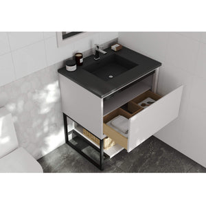 LAVIVA Alto 313SMR-30W-MB 30" Single Bathroom Vanity in White with Matte Black VIVA Stone Surface, Integrated Sink, Rendered Open Drawer