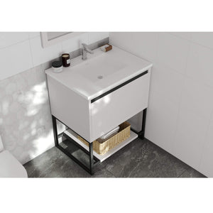 LAVIVA Alto 313SMR-30W-MW 30" Single Bathroom Vanity in White with Matte White VIVA Stone Surface, Integrated Sink, Angled Rendered Bathroom View