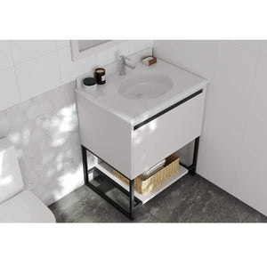 LAVIVA Alto 313SMR-30W-PW 30" Single Bathroom Vanity in White with Pure White Phoenix Stone, White Oval Sink, Angled Rendered Bathroom View