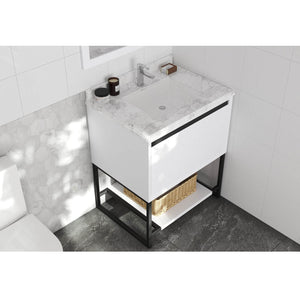 LAVIVA Alto 313SMR-30W-WC 30" Single Bathroom Vanity in White with White Carrara Marble, White Rectangle Sink, Rendered Angled Bathroom View