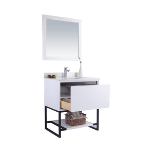 LAVIVA Alto 313SMR-30W-WQ 30" Single Bathroom Vanity in White with White Quartz, White Rectangle Sink, Angled Open Drawer View