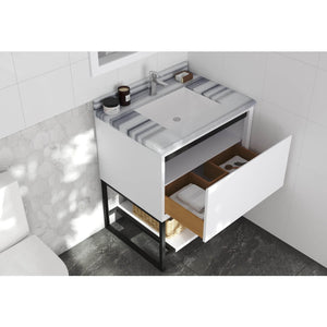 LAVIVA Alto 313SMR-30W-WS 30" Single Bathroom Vanity in White with White Stripes Marble, White Rectangle Sink, Rendered Open Drawer