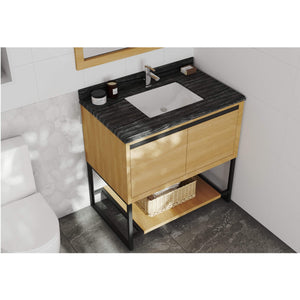 LAVIVA Alto 313SMR-36CO-BW 36" Single Bathroom Vanity in California White Oak with Black Wood Marble, White Rectangle Sink, Rendered Angled View