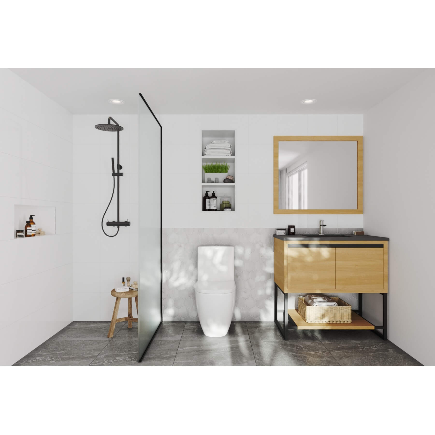 LAVIVA Alto 313SMR-36CO-MB 36" Single Bathroom Vanity in California White Oak with Matte Black VIVA Stone Surface, Integrated Sink, Rendered Bathroom View