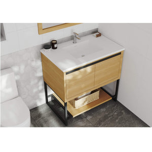LAVIVA Alto 313SMR-36CO-MW 36" Single Bathroom Vanity in California White Oak with Matte White VIVA Stone Surface, Integrated Sink, Rendered Angled View