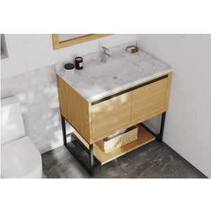 LAVIVA Alto 313SMR-36CO-WC 36" Single Bathroom Vanity in California White Oak with White Carrara Marble, White Rectangle Sink, Rendered Angled View