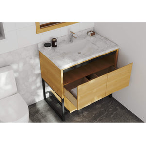 LAVIVA Alto 313SMR-36CO-WC 36" Single Bathroom Vanity in California White Oak with White Carrara Marble, White Rectangle Sink, Rendered Open Drawers