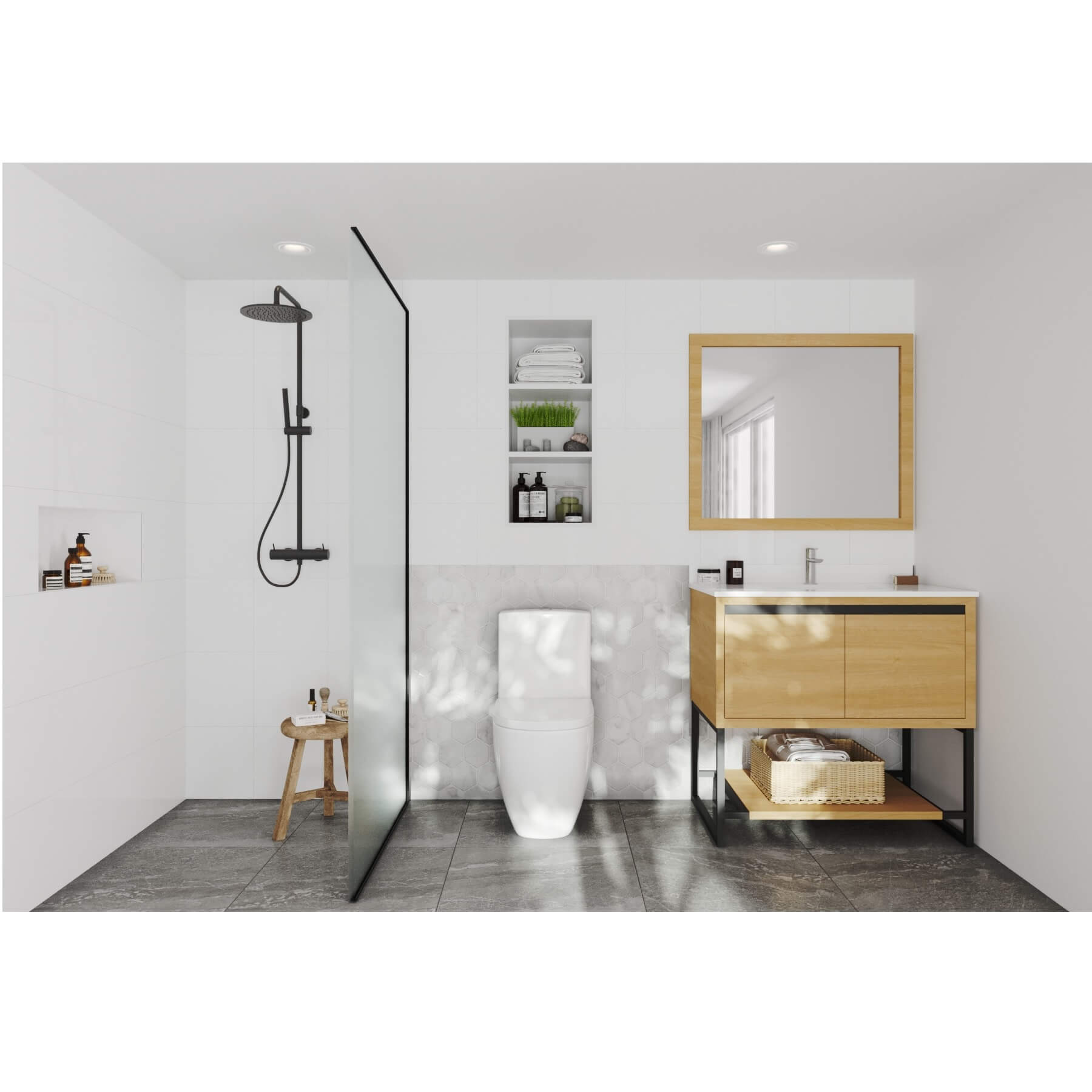 LAVIVA Alto 313SMR-36CO-WQ 36" Single Bathroom Vanity in California White Oak with White Quartz, White Rectangle Sink, Rendered Bathroom View
