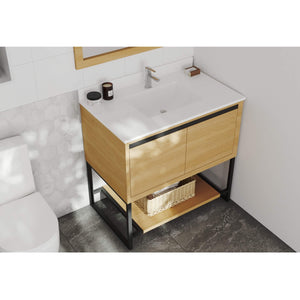 LAVIVA Alto 313SMR-36CO-WQ 36" Single Bathroom Vanity in California White Oak with White Quartz, White Rectangle Sink, Rendered Angled View