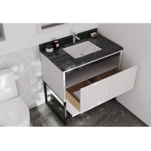 Load image into Gallery viewer, LAVIVA Alto 313SMR-36W-BW 36&quot; Single Bathroom Vanity in White with Black Wood Marble, White Rectangle Sink, Rendered Open Drawers