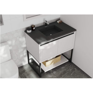 LAVIVA Alto 313SMR-36W-MB 36" Single Bathroom Vanity in White with Matte Black VIVA Stone Surface, Integrated Sink, Rendered Angled View