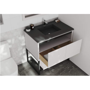 LAVIVA Alto 313SMR-36W-MB 36" Single Bathroom Vanity in White with Matte Black VIVA Stone Surface, Integrated Sink, Rendered Open Drawers