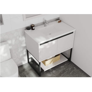LAVIVA Alto 313SMR-36W-MW 36" Single Bathroom Vanity in White with Matte White VIVA Stone Surface, Integrated Sink, Rendered Angled View