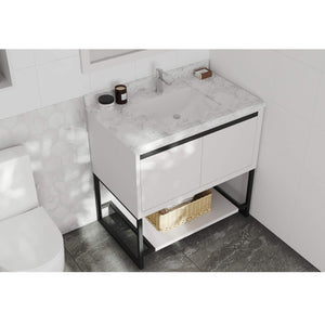 LAVIVA Alto 313SMR-36W-WC 36" Single Bathroom Vanity in White with White Carrara Marble, White Rectangle Sink, Rendered Angled View