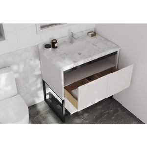 LAVIVA Alto 313SMR-36W-WC 36" Single Bathroom Vanity in White with White Carrara Marble, White Rectangle Sink, Rendered Open Drawers