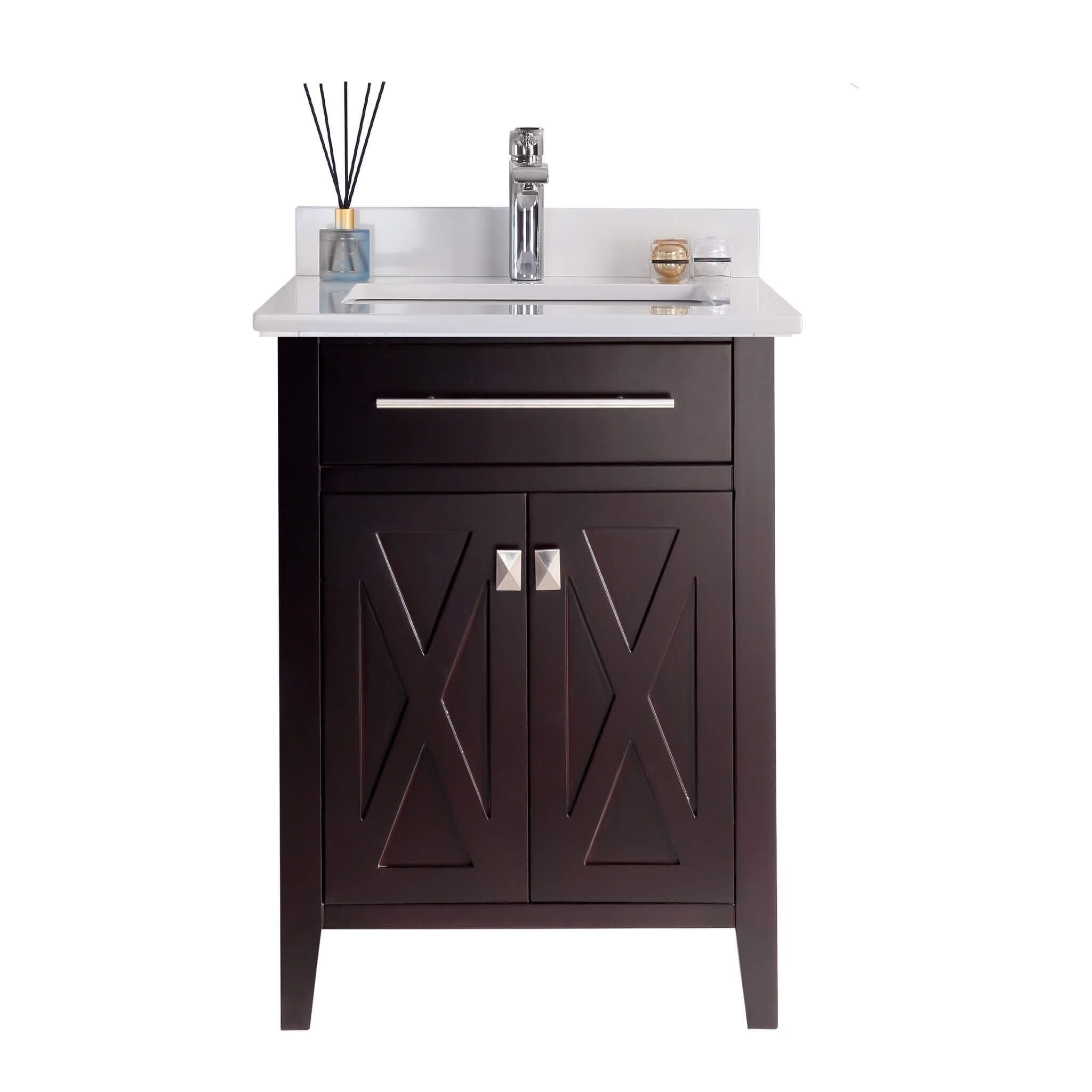 LAVIVA Wimbledon 313YG319-24B-WQ 24" Single Bathroom Vanity in Brown with White Quartz, White Rectangle Sink, Front View
