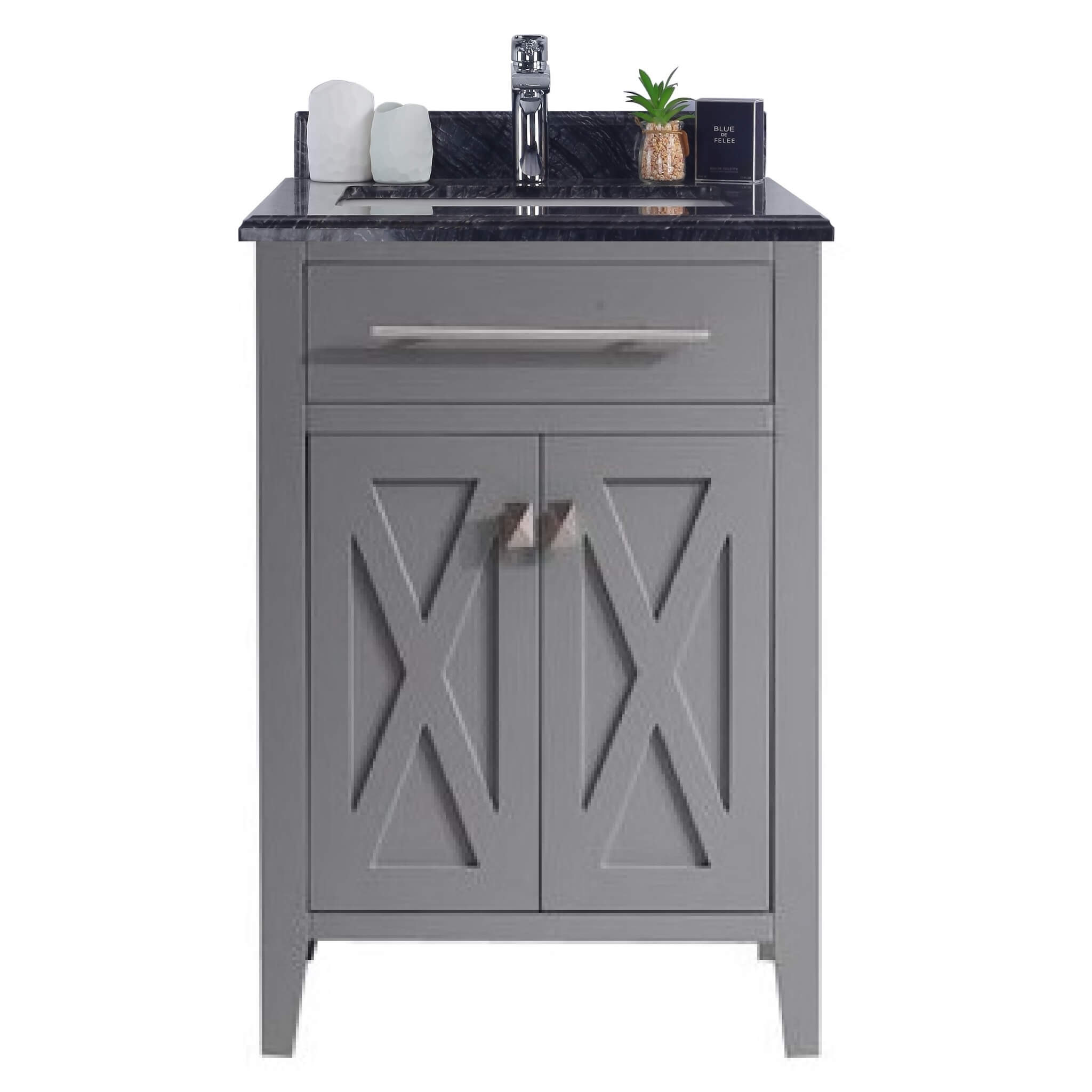 LAVIVA Wimbledon 313YG319-24G-BW 24" Single Bathroom Vanity in Grey with Black Wood Marble, White Rectangle Sink, Front View
