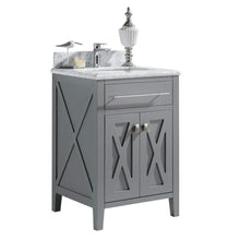 Load image into Gallery viewer, LAVIVA Wimbledon 313YG319-24G-WC 24&quot; Single Bathroom Vanity in Grey with White Carrara Marble, White Rectangle Sink, Angled View