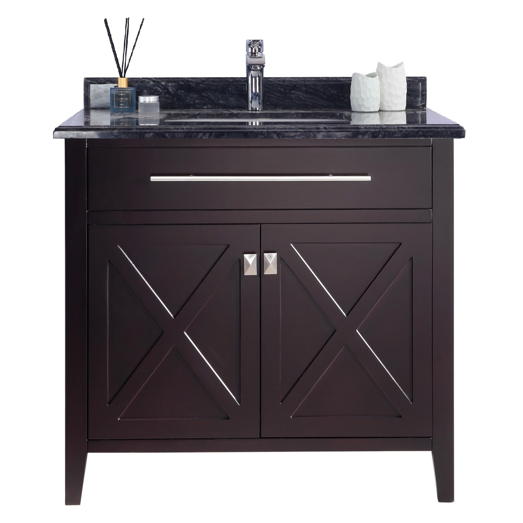 LAVIVA Wimbledon 313YG319-30B-BW 24" Single Bathroom Vanity in Brown with Black Wood Marble, White Rectangle Sink, Front View