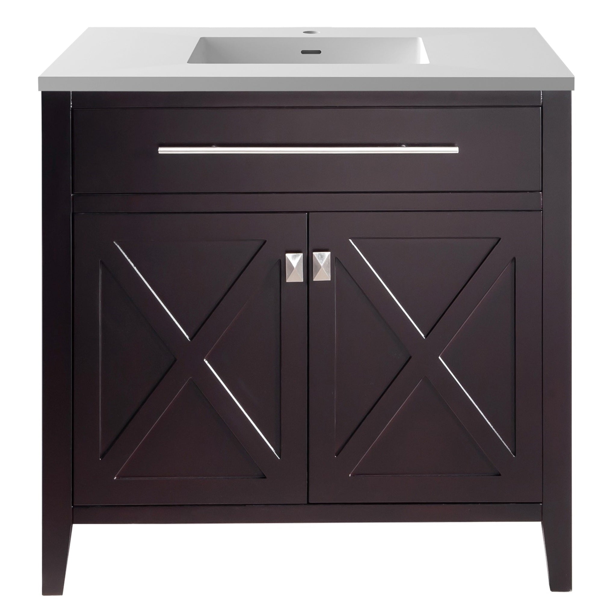 LAVIVA Wimbledon 313YG319-36B-MW 36" Single Bathroom Vanity in Brown with Matte White VIVA Stone Surface, Integrated Sink, Front View
