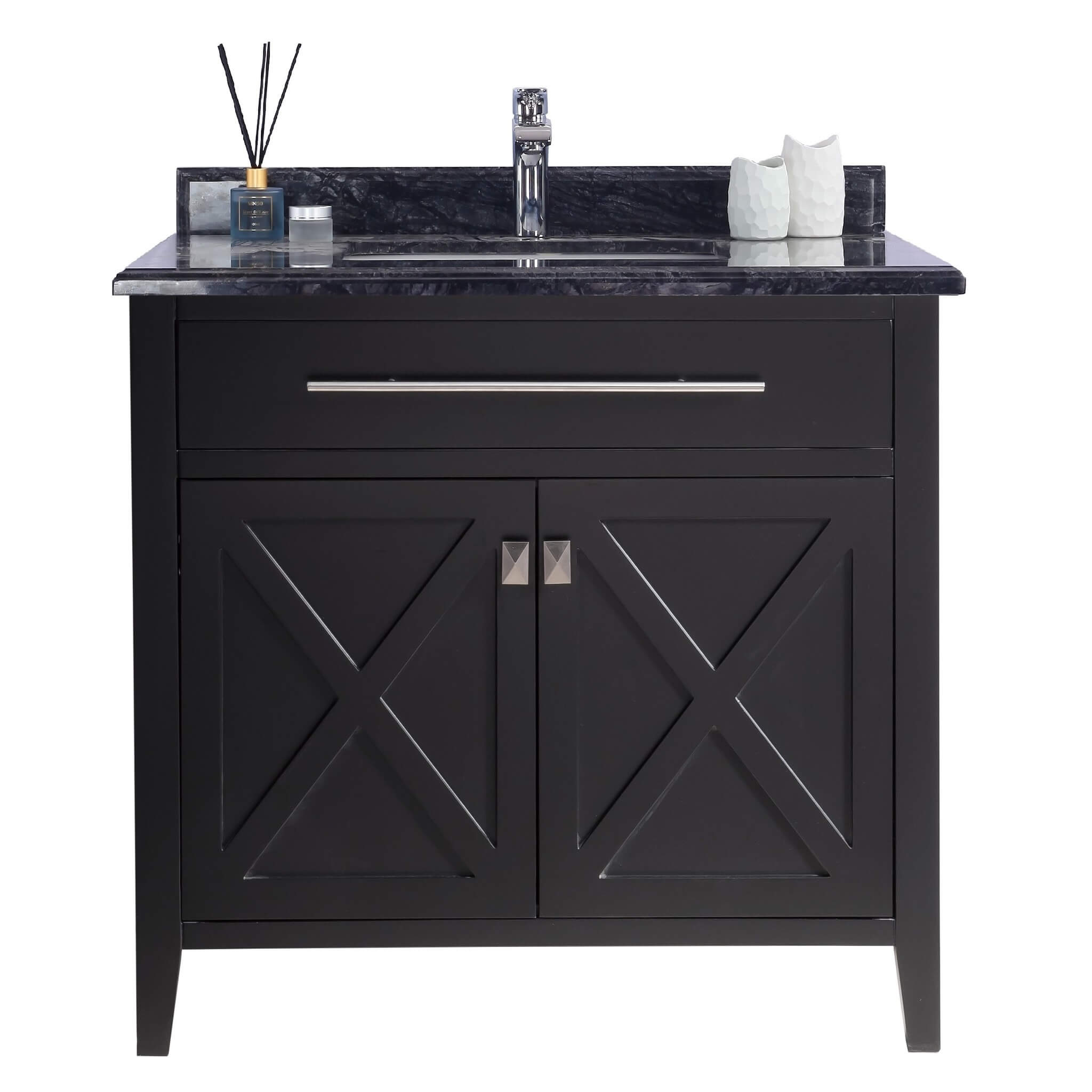 LAVIVA Wimbledon 313YG319-36E-BW 36" Single Bathroom Vanity in Espresso with Black Wood Marble, White Rectangle Sink, Front View