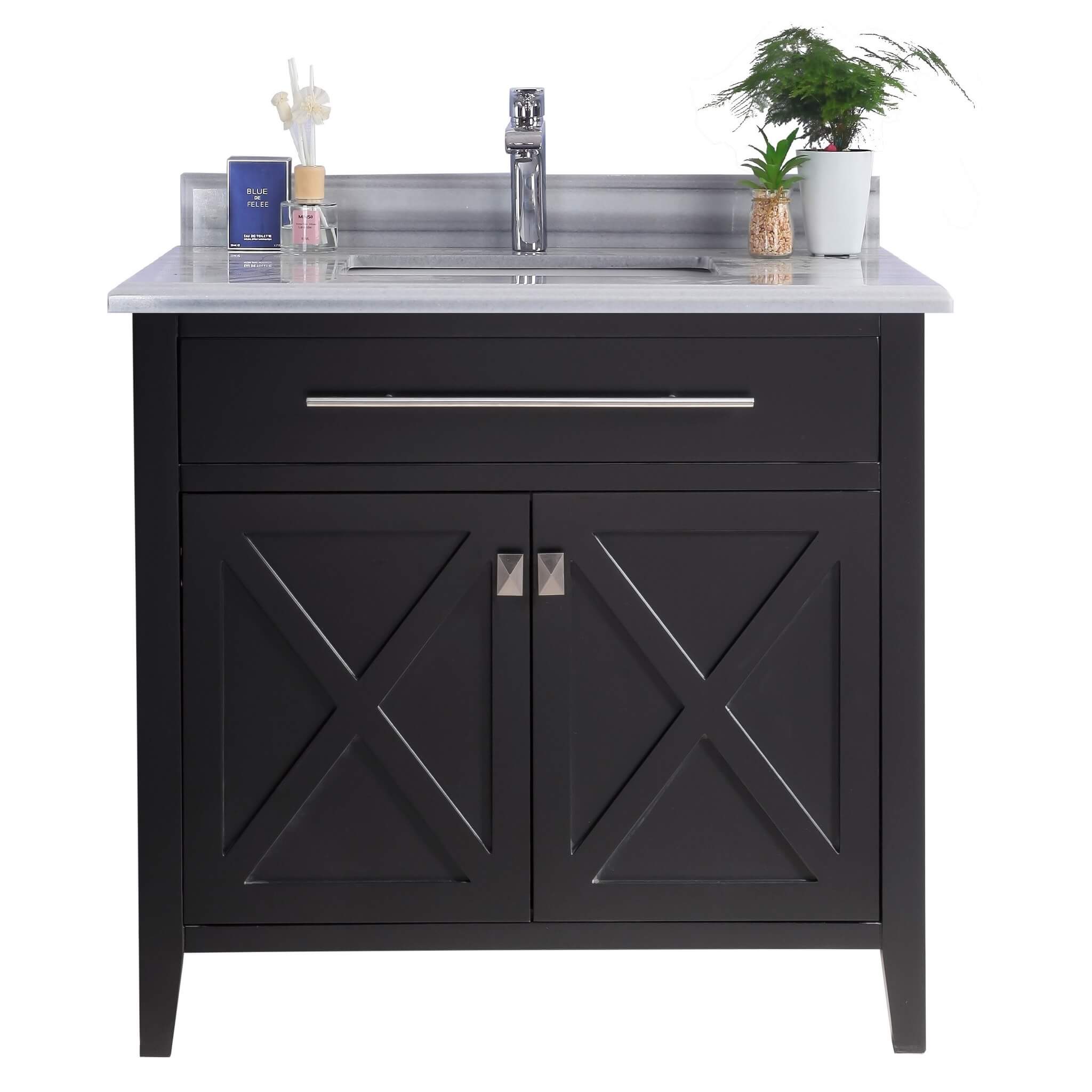 LAVIVA Wimbledon 313YG319-36E-WS 36" Single Bathroom Vanity in Espresso with White Stripes Marble, White Rectangle Sink, Front View