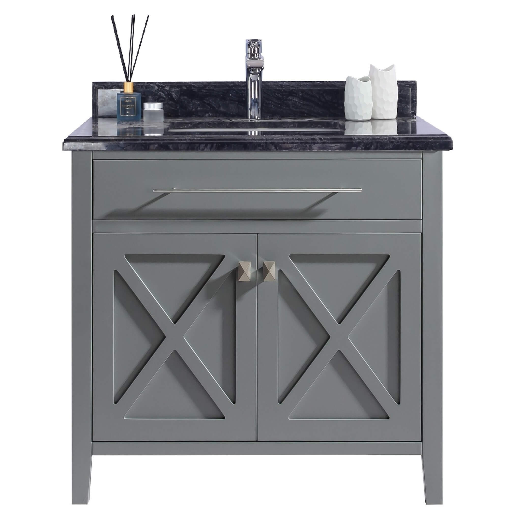 LAVIVA Wimbledon 313YG319-36G-BW 36" Single Bathroom Vanity in Grey with Black Wood Marble, White Rectangle Sink, Front View