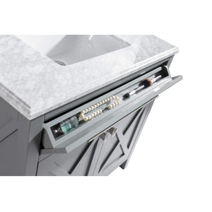 LAVIVA Wimbledon 313YG319-36G-WC 36" Single Bathroom Vanity in Grey with White Carrara Marble, White Rectangle Sink, Open Tip Tray Closeup