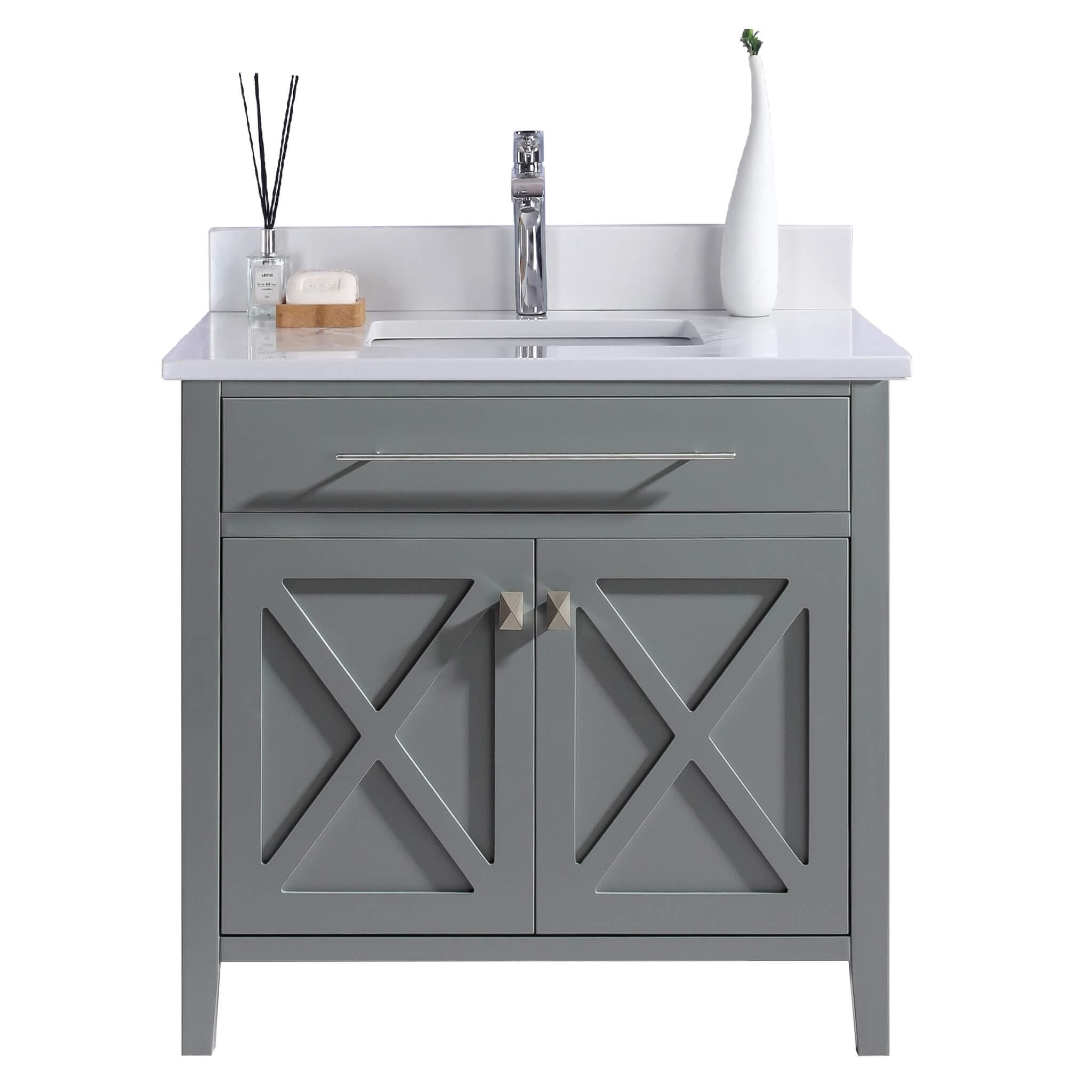 LAVIVA Wimbledon 313YG319-36G-WQ 36" Single Bathroom Vanity in Grey with White Quartz, White Rectangle Sink, Front View