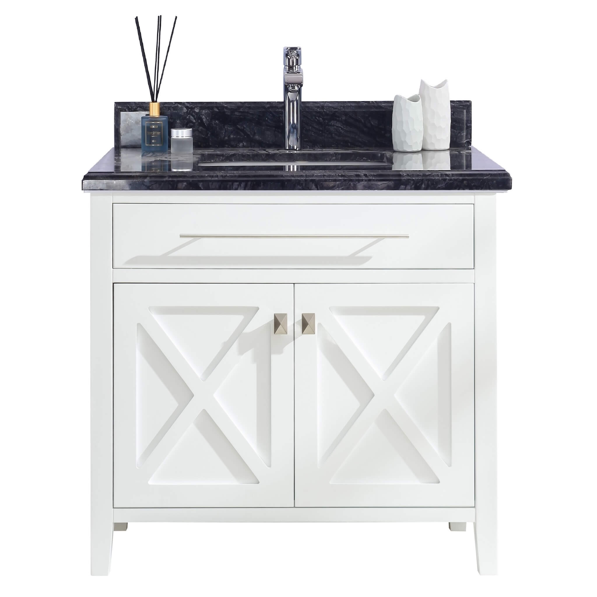 LAVIVA Wimbledon 313YG319-36W-BW 36" Single Bathroom Vanity in White with Black Wood Marble, White Rectangle Sink, Front View
