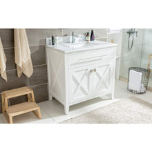 Load image into Gallery viewer, LAVIVA Wimbledon 313YG319-36W-WC 36&quot; Single Bathroom Vanity in White with White Carrara Marble, White Rectangle Sink, Rendered Angled Bathroom View