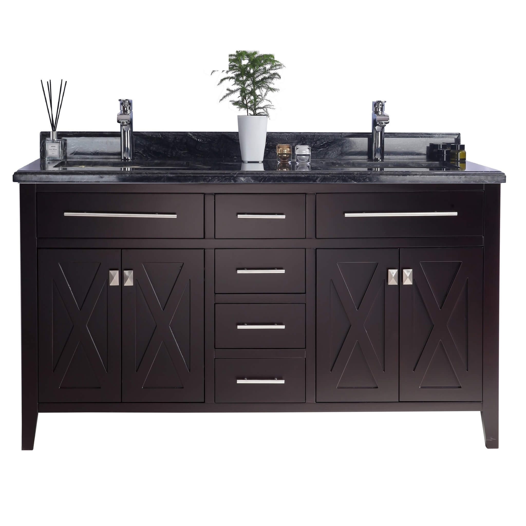 LAVIVA Wimbledon 313YG319-60B-BW 60" Single Bathroom Vanity in Brown with Black Wood Marble, White Rectangle Sinks, Front View