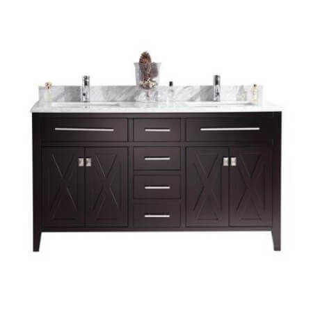 LAVIVA Wimbledon 313YG319-60B-WC 60" Single Bathroom Vanity in Brown with White Carrara Marble, White Rectangle Sinks, Front View