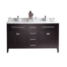 Load image into Gallery viewer, LAVIVA Wimbledon 313YG319-60B-WC 60&quot; Single Bathroom Vanity in Brown with White Carrara Marble, White Rectangle Sinks, Front View