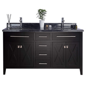 LAVIVA Wimbledon 313YG319-60BE-BW 60" Single Bathroom Vanity in Espresso with Black Wood Marble, White Rectangle Sinks, Front View