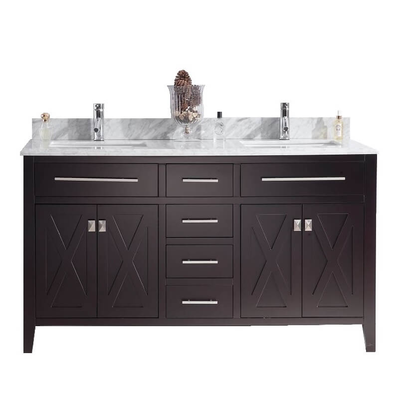 LAVIVA Wimbledon 313YG319-60E-WC 60" Single Bathroom Vanity in Espresso with White Carrara Marble, White Rectangle Sinks, Front View