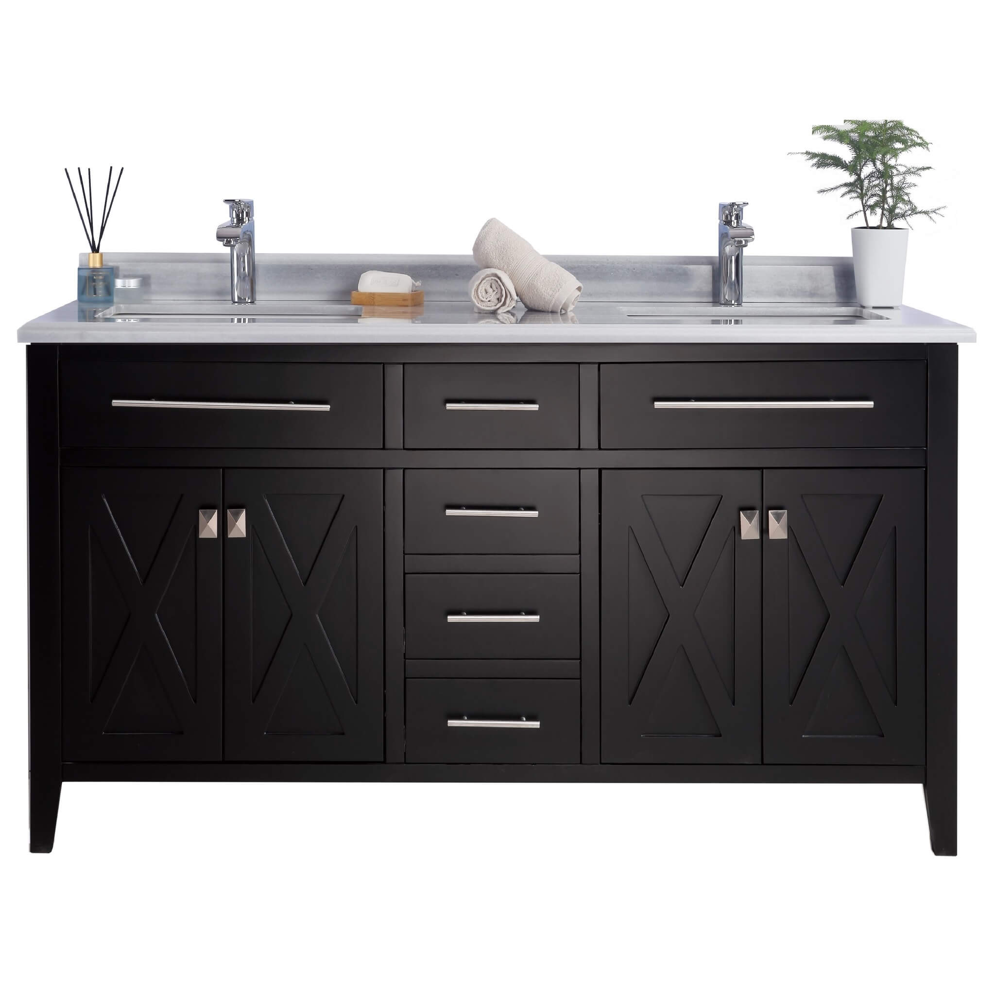 LAVIVA Wimbledon 313YG319-60E-WS 60" Single Bathroom Vanity in Espresso with White Stripes Marble, White Rectangle Sinks, Front View