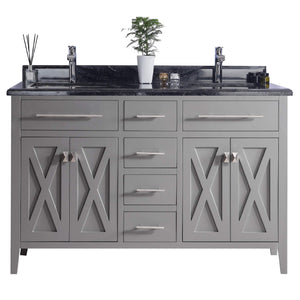 LAVIVA Wimbledon 313YG319-60G-BW 60" Single Bathroom Vanity in Grey with Black Wood Marble, White Rectangle Sinks, Front View