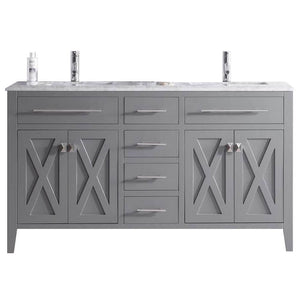 LAVIVA Wimbledon 313YG319-60G-WC 60" Single Bathroom Vanity in Grey with White Carrara Marble, White Rectangle Sinks, Front View