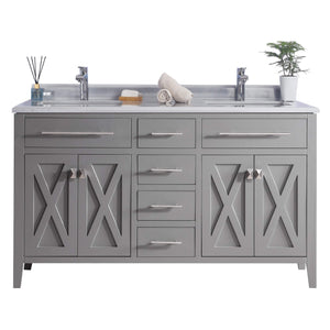 LAVIVA Wimbledon 313YG319-60G-WS 60" Single Bathroom Vanity in Grey with White Stripes Marble, White Rectangle Sinks, Front View