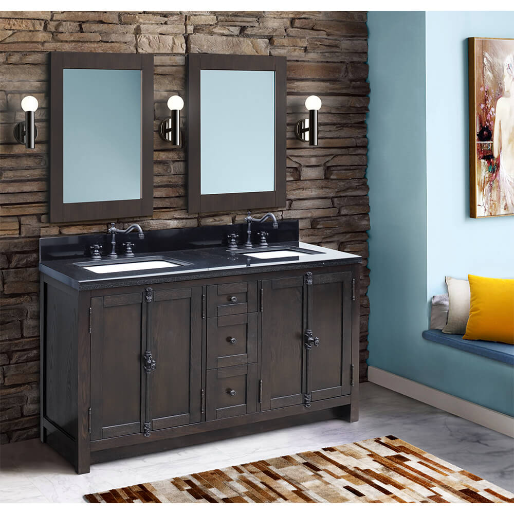 BELLATERRA HOME 400100-55-BA-BG 55" Double Sink Vanity in Brown Ash with Black Galaxy Granite, White Rectangle Sinks, Rendered Bathroom with Mirrors