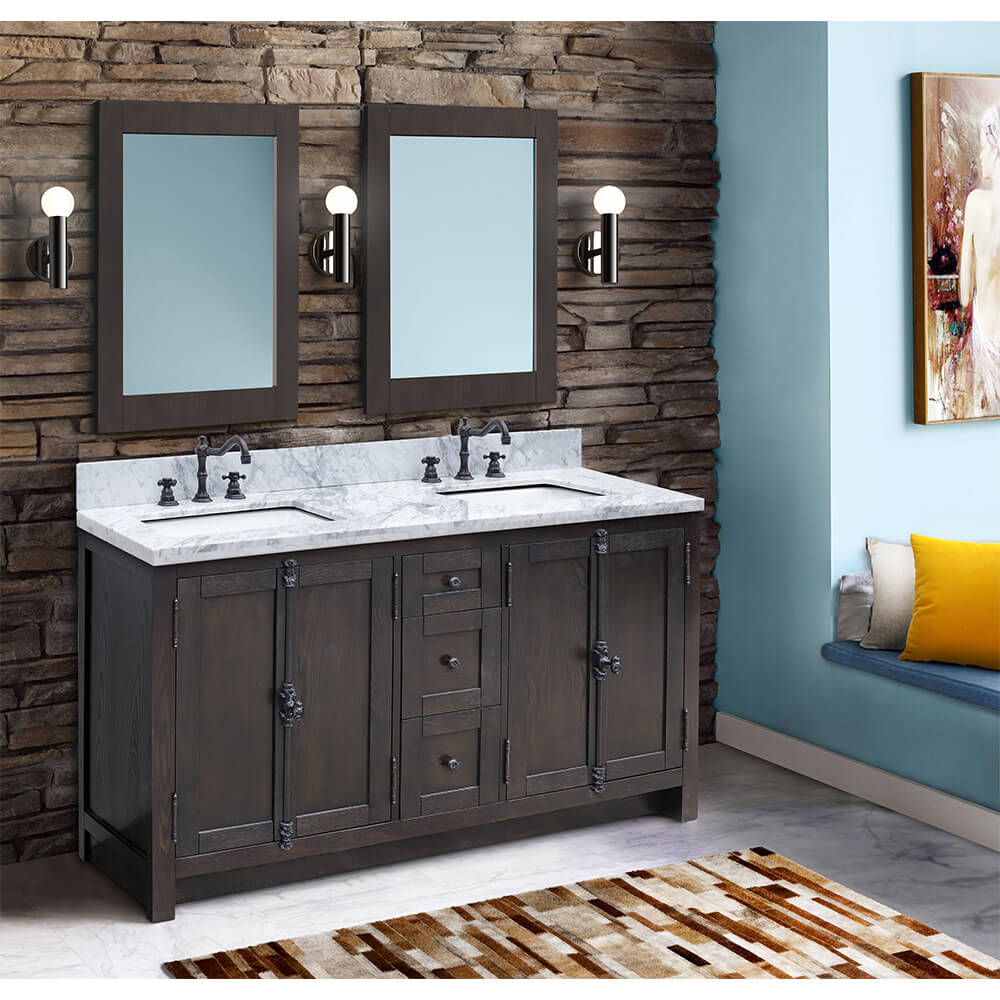 BELLATERRA HOME 400100-55-BA-WM 55" Double Sink Vanity in Brown Ash with White Carrara Marble, White Rectangle Sinks, Rendered Bathroom with Mirrors