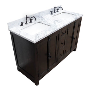 BELLATERRA HOME 400100-55-BA-WM 55" Double Sink Vanity in Brown Ash with White Carrara Marble, White Rectangle Sinks, Angled View