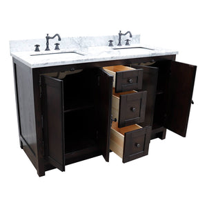 BELLATERRA HOME 400100-55-BA-WM 55" Double Sink Vanity in Brown Ash with White Carrara Marble, White Rectangle Sinks, Open Doors and Drawers