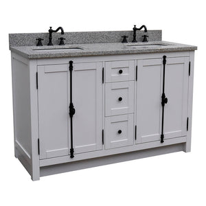 BELLATERRA HOME 400100-55-GA-GY 55" Double Sink Vanity in Glacier Ash with Gray Granite, White Rectangle Sinks, Angled View