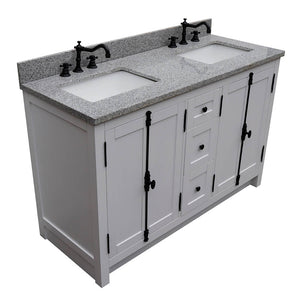 BELLATERRA HOME 400100-55-GA-GY 55" Double Sink Vanity in Glacier Ash with Gray Granite, White Rectangle Sinks, Top Angled View