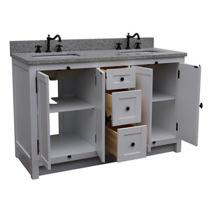 BELLATERRA HOME 400100-55-GA-GY 55" Double Sink Vanity in Glacier Ash with Gray Granite, White Rectangle Sinks, Open Doors and Drawers