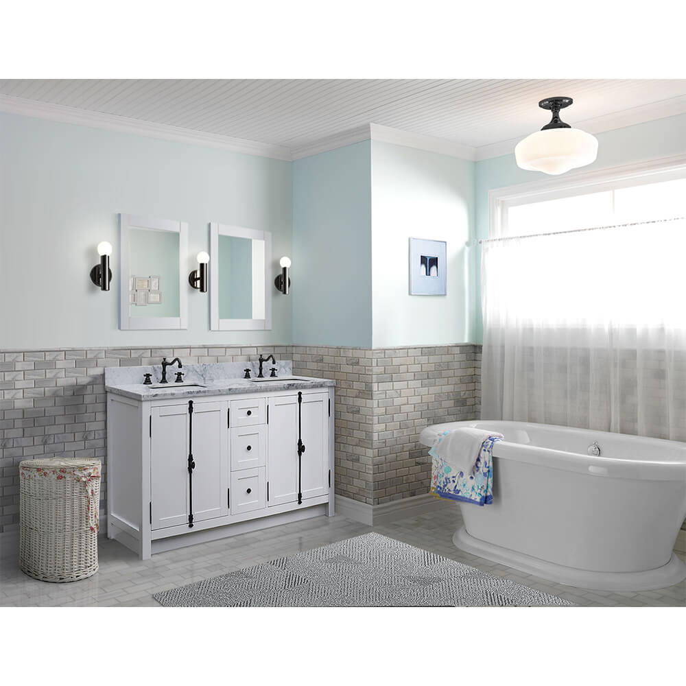 BELLATERRA HOME 400100-55-GA-WM 55" Double Sink Vanity in Glacier Ash with White Carrara Marble, White Rectangle Sinks, Rendered Bathroom