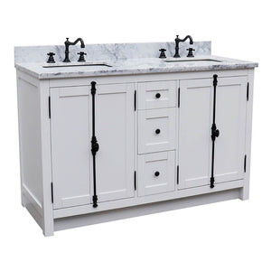 BELLATERRA HOME 400100-55-GA-WM 55" Double Sink Vanity in Glacier Ash with White Carrara Marble, White Rectangle Sinks, Angled View
